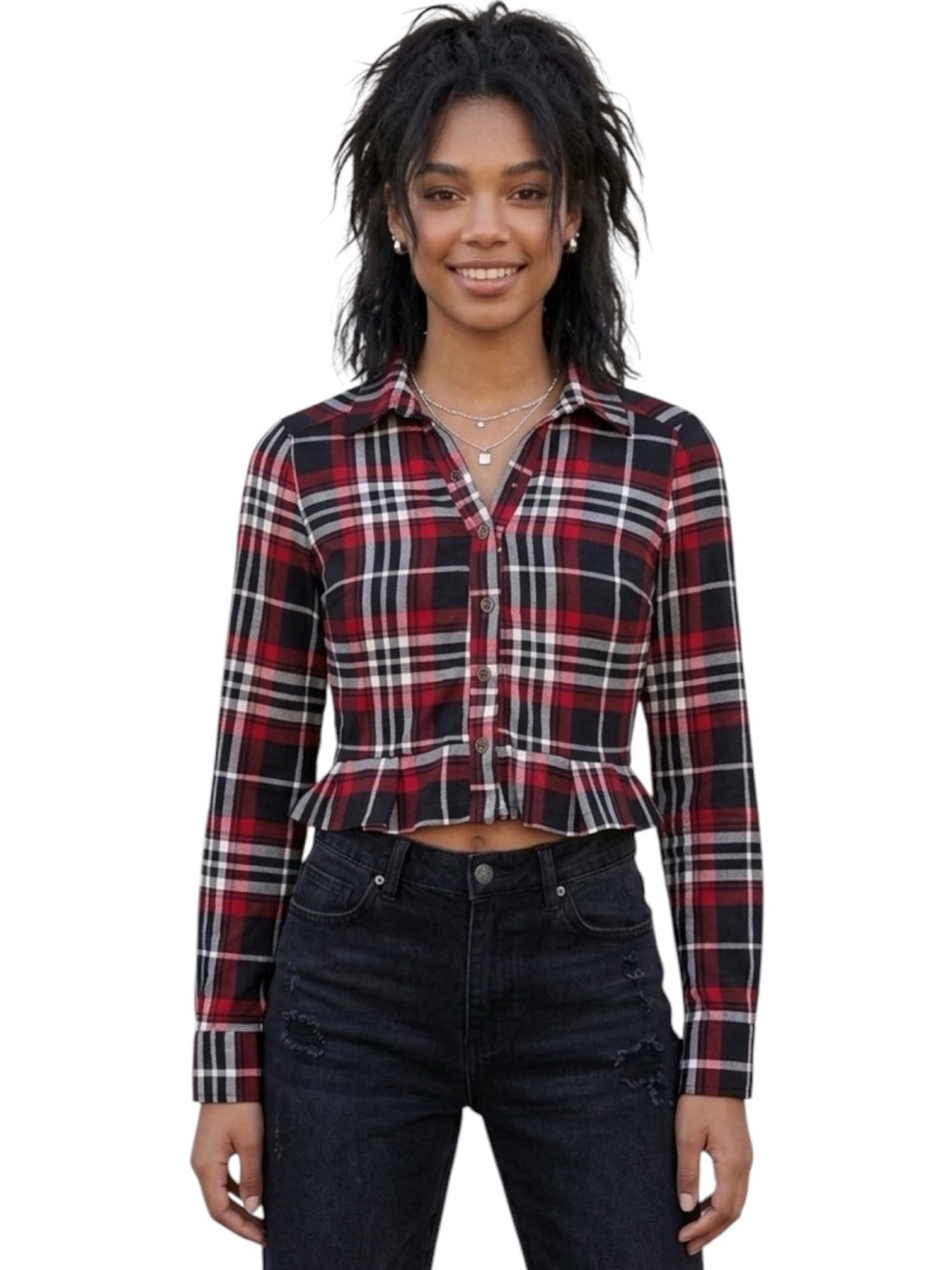 Derek Heart Red Black Plaid Cropped Button Down Shirt S Y2K Ruffle Hem